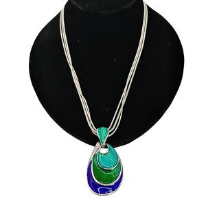 Chicos Womens Silver Tone Enamel Teardrop Pendant Necklace Beachy Green Blue